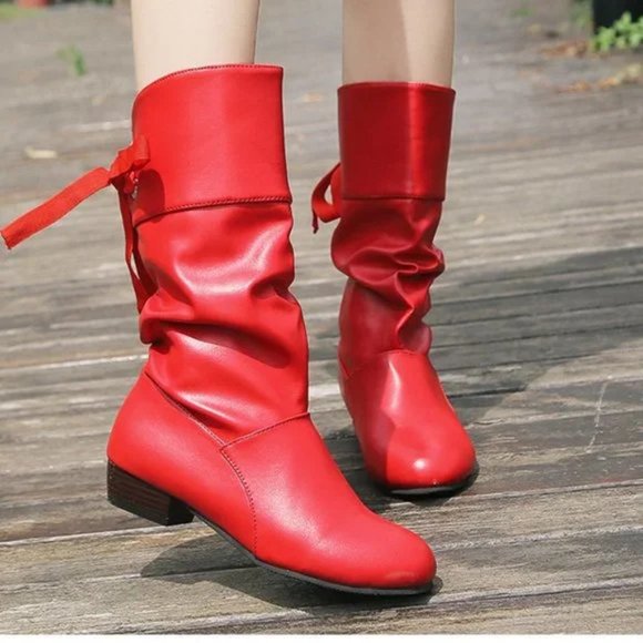 low-heel round toe lace-back thermal boots - Picture 4 of 5